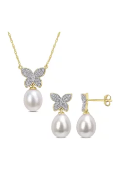 Best Sale 👏 1/4 CT TW Diamond with 8.5-9 & 9-10mm White Freshwater Cultured Pearl Drop Butterfly Earrings and Pendant Set in 10k Yellow Gold by Belk & Co. ✔️ -DealsBelk & Co. Store Belk 16872
