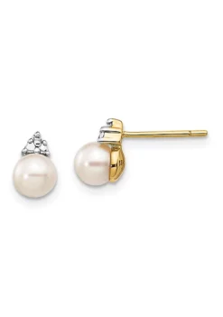 Best Sale 🎉 0.01 ct. t.w. Diamond and 5-6mm White Round Freshwater Cultured Pearl Post Earrings in 14K Yellow Gold by Belk & Co. 🧨 -DealsBelk & Co. Store Belk 16897
