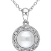 Flash Sale 🛒 7.5 - 8 MM White Cultured Freshwater Pearl and Diamond Filigree Halo Pendant with Chain in Sterling Silver by Belk & Co. 🔔