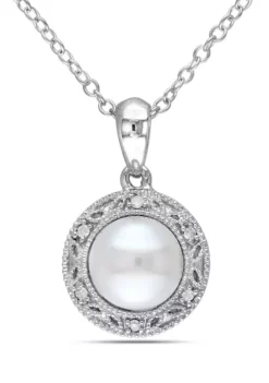 Flash Sale 🛒 7.5 - 8 MM White Cultured Freshwater Pearl and Diamond Filigree Halo Pendant with Chain in Sterling Silver by Belk & Co. 🔔