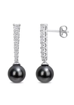 Hot Sale ⌛ 8-8.5MM Black Tahitian Cultured Pearl and 3/4 ct. t.g.w. Created Moissanite Stud Earrings in 10K White Gold by Belk & Co. 🔥