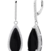 Coupon ✔️ Pear Cut Onyx Quartz and White Topaz Halo Dangle Leverback Earrings in Sterling Silver (18x8mm) by Belk & Co. 😀