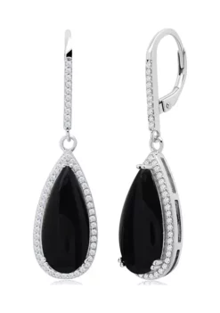 Coupon ✔️ Pear Cut Onyx Quartz and White Topaz Halo Dangle Leverback Earrings in Sterling Silver (18x8mm) by Belk & Co. 😀