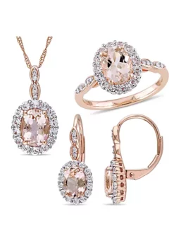 Discount 🧨 Oval-Shaped Morganite, White Topaz and Diamond Accent Vintage Ring, Pendant and Leverback Earrings in 14k Rose Gold by Belk & Co. ✨