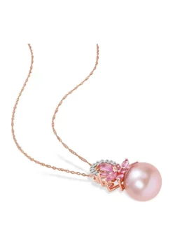 Promo 💯 9.5-10mm Cultured Freshwater Pearl and 1/2 CT TGW Pink Sapphire and Diamond Accent Flower Pendant with Chain in 14k Rose Gold by Belk & Co. 🔥 -DealsBelk & Co. Store Belk 17110