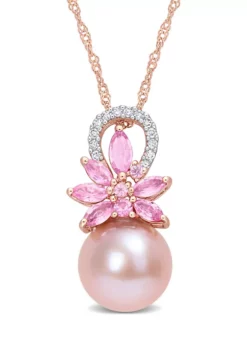 Promo 💯 9.5-10mm Cultured Freshwater Pearl and 1/2 CT TGW Pink Sapphire and Diamond Accent Flower Pendant with Chain in 14k Rose Gold by Belk & Co. 🔥 -DealsBelk & Co. Store Belk 17112