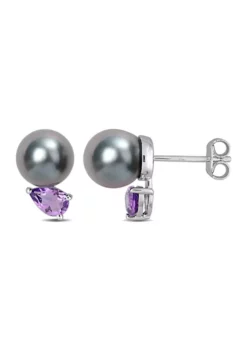 Deals ⭐ 8-9mm Black Tahitian Cultured Pearl and 3/4 CT TGW African Amethyst Stud Earrings in Sterling Silver by Belk & Co. ⌛