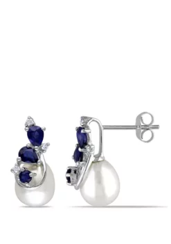 Brand new ❤️ Pearl, 4/5 ct. t.w. Sapphire, 1/10 ct. t.w. Diamond Accent Drop Earrings in 10K White Gold by Belk & Co. 😍