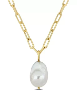 Best reviews of 😀 13-14 MM Natural Shape Cultured Freshwater Pearl and 3.5 MM Oval Link Necklace in 18k Gold Plated Sterling Silver (18 Inches) by Belk & Co. 🔥