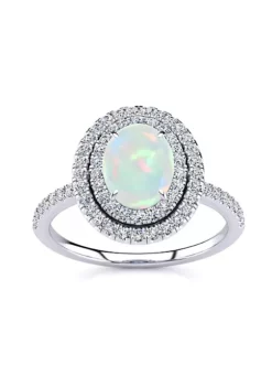 Buy 🌟 Lab Created 1 1/2cttw Oval Shape Created Opal and Double Halo Diamond Ring In Sterling Silver by Belk & Co. 🎉