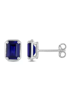 Best Pirce ๐ Lab Created 3.18 ct. t.g.w. Created Sapphire Bezel Style Emerald Cut Stud Earrings in Sterling Silver by Belk & Co. ๐