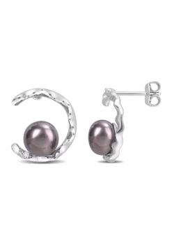 Best Pirce ⭐ 7.5-8mm Black Freshwater Cultured Pearl and White Topaz Open Wave Earrings in Sterling Silver by Belk & Co. 🎉