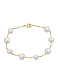 Coupon 🔥 6.5-8.5 MM Cultured Freshwater Pearl Station Bracelet in Yellow Plated Sterling Silver by Belk & Co. 🧨