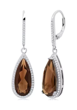 New 🔥 Pear-Cut Smoky Quartz and White Topaz Halo Dangle Lever Back Earrings in Sterling Silver (18 in x 8 mm) by Belk & Co. 🎁