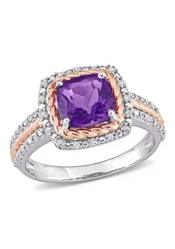 Promo 👍 Cushion Amethyst and 1/6 CT TW Diamond Halo Ring in White and Rose Plated Sterling Silver by Belk & Co. 🎉