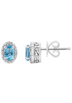 Budget 👏 Sterling Silver 6x4mm Oval Blue Topaz Diamond Accent Halo Stud Earrings by Belk & Co. 🌟