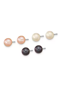 Best Sale 🌟 Sterling Silver Rhodium-plated 6-7mm Set of 3 White / Black / Pink Round Freshwater Cultured Pearl Earrings by Belk & Co. 🎉 -DealsBelk & Co. Store Belk 18070