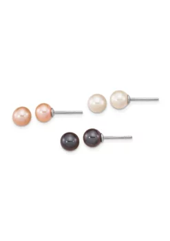 Best Sale 🌟 Sterling Silver Rhodium-plated 6-7mm Set of 3 White / Black / Pink Round Freshwater Cultured Pearl Earrings by Belk & Co. 🎉 -DealsBelk & Co. Store Belk 18074