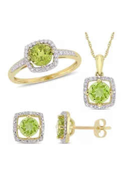 Buy 🛒 3-Piece Set 2.87 ct. t.w. Peridot and 1/3 ct. t.w. Diamond Square Halo Necklace, Earrings and Ring in 10K Yellow Gold by Belk & Co. ⌛