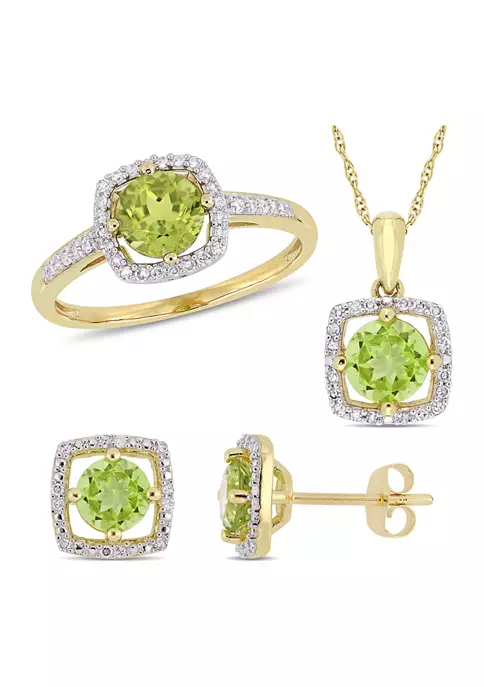Buy ๐ 3-Piece Set 2.87 ct. t.w. Peridot and 1/3 ct. t.w. Diamond Square Halo Necklace, Earrings and Ring in 10K Yellow Gold by Belk & Co. โ 1 Buy ๐ 3-Piece Set 2.87 ct. t.w. Peridot and 1/3 ct. t.w. Diamond Square Halo Necklace, Earrings and Ring in 10K Yellow Gold by Belk & Co. โ
