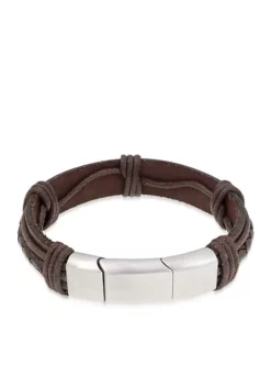 Cheap 🌟 Men's Stainless Steel And Brown Leather Bracelet by Belk & Co. ❤️ -DealsBelk & Co. Store Belk 1822