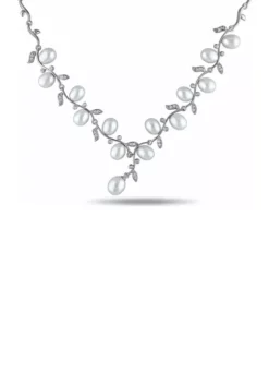Hot Sale 🔥 White Cultured Freshwater Pearl and Cubic Zirconia Chevron Vine Necklace in Sterling Silver by Belk & Co. 🎉 -DealsBelk & Co. Store Belk 18324