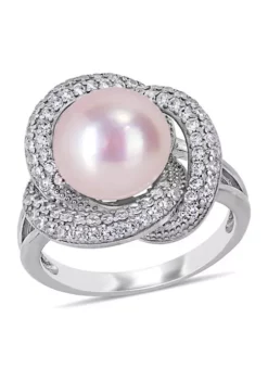 Coupon 🎉 10.5 -11 MM Pink Cultured Freshwater Pearl and Cubic Zirconia Interlaced Halo Ring in Sterling Silver by Belk & Co. 🤩