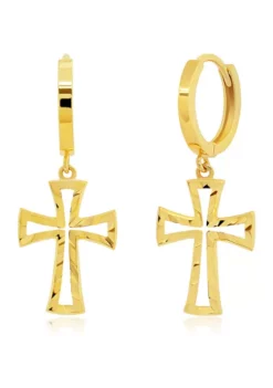 Buy 😀 Genuine 14K Yellow Gold Minimalist Huggie Hoop Earrings with Dangle Diamond-Cut Cross by Belk & Co. 🤩