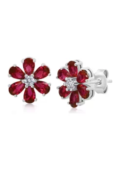 Hot Sale ✨ Created Ruby Flower Stud Earrings in 925 Sterling Silver by Belk & Co. ⌛