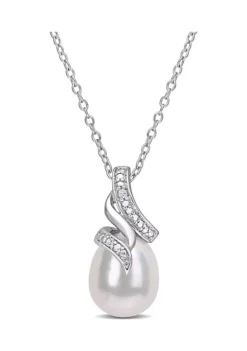 Deals ⭐ 8.5-9mm Freshwater Cultured Pearl and Diamond Accent Twisted Drop Pendant with Chain in Sterling Silver by Belk & Co. ⌛