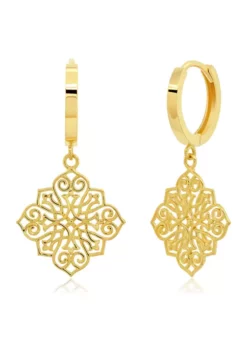 New 🔥 Genuine 14K Yellow Gold Minimalist Huggie Hoop Earrings with Dangle Filigree Pattern Charm by Belk & Co. 🥰