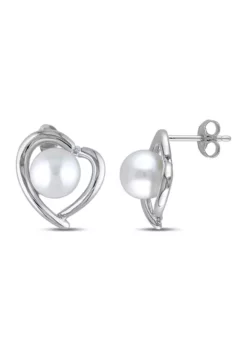 New 🌟 8-8.5 Millimeter Cultured Freshwater Pearl and Diamond Heart Stud Earrings in Sterling Silver by Belk & Co. ✨ -DealsBelk & Co. Store Belk 18649