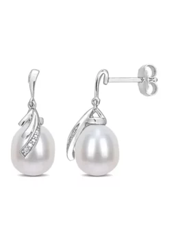 New ✨ 8-8.5mm Freshwater Cultured Pearl and Diamond Accent Feather Earrings in Sterling Silver by Belk & Co. ✨