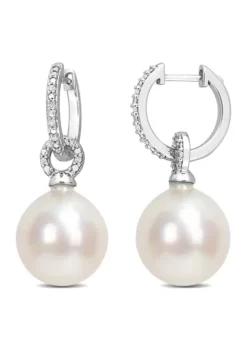 Hot Sale 🔥 12-12.5MM South Sea Cultured Pearl and 1/10 CT TW Diamond Huggie Drop Earrings in 14k White Gold by Belk & Co. 🔔 -DealsBelk & Co. Store Belk 18740