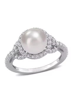 Best Sale 👍 8.5-9mm Cultured Freshwater Pearl and 3/4 CT TGW White Topaz Halo Ring in Sterling Silver by Belk & Co. 🔔 -DealsBelk & Co. Store Belk 1882