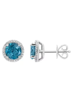 Deals ⌛ Sterling Silver 7mm Round London Blue Topaz 1/6 CTTW Diamond Halo Stud Earrings by Belk & Co. 🎉
