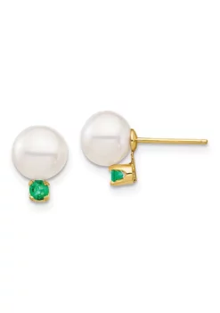 Promo 😍 1/5 ct. t.w. Emerald and 7-7.5mm White Round Freshwater Cultured Pearl Post Earrings in 14K Yellow Gold by Belk & Co. ⌛ -DealsBelk & Co. Store Belk 18956