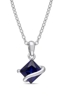 Budget 🎁 Lab Created 1.34 ct. t.g.w. Created Blue Sapphire Square Pendant With Chain in Sterling Silver by Belk & Co. ✔️