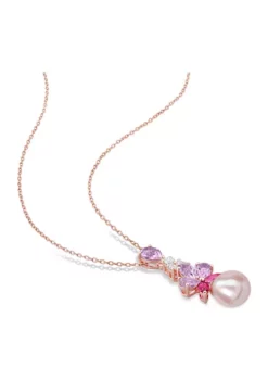 Best Pirce 💯 9.5-10mm Pink Freshwater Cultured Pearl 2 3/8 CT TGW Rose de France and White and Pink Topaz Floral Drop Pendant in 18k Rose Gold Plated Sterling Silver by Belk & Co. 😀 -DealsBelk & Co. Store Belk 19269
