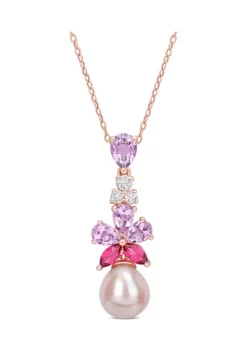 Best Pirce 💯 9.5-10mm Pink Freshwater Cultured Pearl 2 3/8 CT TGW Rose de France and White and Pink Topaz Floral Drop Pendant in 18k Rose Gold Plated Sterling Silver by Belk & Co. 😀 -DealsBelk & Co. Store Belk 19270