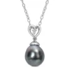 Flash Sale ⌛ 8-9mm Black Tahitian Cultured Freshwater Pearl and White Topaz Heart Drop Pendant with Chain in Sterling Silver by Belk & Co. 🎉