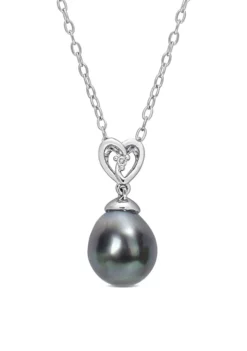 Flash Sale ⌛ 8-9mm Black Tahitian Cultured Freshwater Pearl and White Topaz Heart Drop Pendant with Chain in Sterling Silver by Belk & Co. 🎉 -DealsBelk & Co. Store Belk 19438