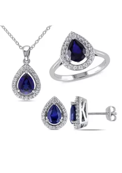 Best deal ⌛ Lab Created 3-Piece Set of 7.1 ct. t.g.w. Created Blue and Created White Sapphire Teardrop Halo Pendant with Chain, Stud Earrings and Ring in Sterling Silver by Belk & Co. 👏 -DealsBelk & Co. Store Belk 19486