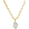 Outlet 🥰 13-14MM Freshwater Cultured Pearl 5MM Oval Link Necklace in 18K Yellow Gold Plated Sterling Silver by Belk & Co. 👏