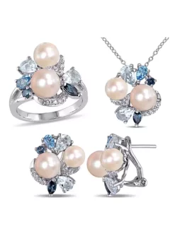 Cheapest 😍 3-Piece of 6.5-8MM Freshwater Cultured Pearl and 6.44 ct. t.g.w. Created White Sapphire, Sky, Swiss and London Blue Topaz Ring, Earrings and Pendant with Chain in Sterling Silver by Belk & Co. ⭐