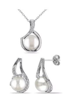 Flash Sale ✔️ 2-Pc Set of 9 - 9.5 MM Cultured Freshwater Pearl and 1/10 CT TW Diamond Twist Stud Earrings and Pendant With Chain in Sterling Silver by Belk & Co. 🧨 -DealsBelk & Co. Store Belk 19548