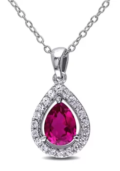 Budget 🛒 Lab Created Created Ruby and Created White Sapphire Teardrop Halo Pendant with Chain in Sterling Silver by Belk & Co. 🎁