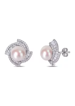 Best reviews of 😀 9.5-10 MM Cultured Freshwater Pearl and Cubic Zirconia Geometric Stud Earrings in Sterling Silver by Belk & Co. 🌟 -DealsBelk & Co. Store Belk 20084