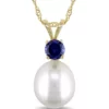 Promo 🌟 8 to 8.5 Millimeter Cultured Freshwater Pearl and 1/3 ct. t.w. Sapphire Pendant with Chain in 14k Yellow Gold by Belk & Co. 💯