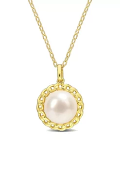 Cheap ⌛ 9-9.5mm Cultured Freshwater Pearl Halo Link Pendant with Chain in Yellow Plated Sterling Silver by Belk & Co. ⭐